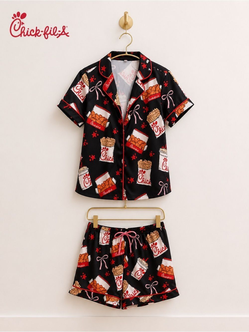 Chick-fil-A Inspired Satin Pajama Set – Black Novelty Print Cozy Lounge Set